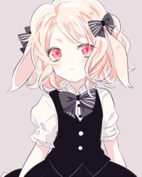 Rule 34 | 10s, 1girl, alternate costume, amo (yellowpink a), animal ears, blonde hair, blush, bow, bowtie, rabbit ears, child, diabolik lovers, flat chest, hair bow, hair ornament, komori yui, looking at viewer, red eyes, simple background, skirt, small breasts, solo, aged down