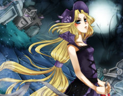 Rule 34 | 1girl, blonde hair, blue eyes, blush, commentary, dark, draik, english commentary, eyelashes, frown, full moon, grass, graveyard, hat, highres, holding, long hair, looking at viewer, moon, neopets, night, night sky, outdoors, personification, purple hat, road, sky, solo, tomb, upper body, very long hair, yakuun