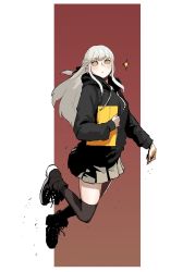 Rule 34 | 1girl, ankle boots, black footwear, black hoodie, black ribbon, blush, boots, braid, bright pupils, brown background, closed mouth, french braid, full body, gogalking, grey hair, grey skirt, grey thighhighs, hair ribbon, highres, holding, holding pen, hood, hood down, hoodie, jumping, junior (gogalking), long hair, long sleeves, looking at viewer, notepad, original, pen, pleated skirt, ribbon, skirt, solo, sparkle, thighhighs, white pupils, yellow eyes