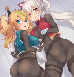 Rule 34 | 2girls, ass, bad id, bad pixiv id, blonde hair, blue eyes, breasts, checkered wall, covered navel, crop top, fang, from below, gene (pso2), green hair, groin, hair ornament, large breasts, lean picchner, long hair, looking at viewer, lying, matoi (pso2), multicolored hair, multiple girls, on side, open mouth, phantasy star, phantasy star online 2, pokoten (pokoten718), pussy, red eyes, silver hair, spandex, thighs, twintails, two-tone hair, wavy hair