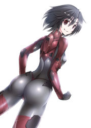 Rule 34 | 1girl, ass, back, black hair, bodysuit, breasts, clenched hand, covered erect nipples, from behind, gloves, hand on own hip, looking at viewer, looking back, medium breasts, ment, open mouth, original, red eyes, shiny clothes, short hair, simple background, skin tight, smile, solo, standing, thong, white background
