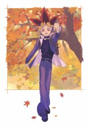Rule 34 | 1boy, autumn leaves, backpack, bag, belt, belt collar, brown bag, clenched hands, collar, commentary request, dyed bangs, full body, highres, long sleeves, looking at viewer, male focus, multicolored hair, muto yugi, open mouth, orange hair, pants, purple pants, red eyes, red hair, shirt, shoes, sini sann, smile, solo, spiked hair, standing, teeth, tongue, tree, walking, yu-gi-oh!