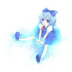 Rule 34 | 1girl, bad id, bad pixiv id, blue eyes, blue hair, bow, cirno, embodiment of scarlet devil, female focus, matching hair/eyes, open mouth, ribbon, short hair, socks, solo, touhou, water, wings, you zasshoku