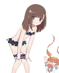Rule 34 | arms up, blunt bangs, blush, breasts, brown eyes, brown hair, censored, closed mouth, clothes pull, competition school swimsuit, glitch, glitch censor, highres, kitanaga, leaning forward, long hair, looking at viewer, one-piece swimsuit, one-piece swimsuit pull, open mouth, orange hair, prehensile hair, school swimsuit, school uniform, seductive smile, serafuku, short hair, simple background, small breasts, smile, swimsuit, twintails, ueno-san wa bukiyou, ueno (ueno-san wa bukiyou), undressing, very long hair, wavy mouth, yume tiem