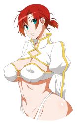 Rule 34 | 1girl, akitetsu, aqua eyes, arms behind back, bad id, bad twitter id, boudica (fate), breasts, cleavage, covered erect nipples, cropped legs, curvy, fate/grand order, fate (series), green eyes, groin, highres, huge breasts, juliet sleeves, long sleeves, looking at viewer, navel, parted lips, ponytail, puffy sleeves, red hair, short hair, short ponytail, shrug (clothing), solo, underboob, white background, wide hips