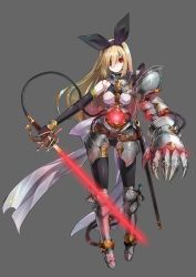 Rule 34 | 1girl, armor, armored boots, ball jointed doll, beam saber, belt, belt buckle, black gloves, black panties, black thighhighs, blonde hair, boots, bracelet, breasts, buckle, cable, doll joints, elbow gloves, energy sword, faulds, frown, full body, gauntlets, gloves, glowing, gluteal fold, grey background, groin, hairband, head tilt, highres, holding, holding sword, holding weapon, jewelry, joints, knee pads, long hair, looking at viewer, medium breasts, original, outstretched arm, panties, pauldrons, ramuya (lamb), red eyes, sheath, shoulder armor, simple background, solo, standing, sword, thighhighs, underwear, unsheathed, weapon