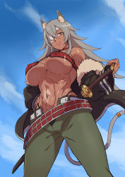 Rule 34 | 1girl, abs, animal ear fluff, animal ears, bandeau, bare shoulders, belt, black jacket, black panties, blue sky, breasts, bridal gauntlets, cat ears, choker, cleavage, closed mouth, cloud, commentary request, covered erect nipples, cowboy shot, dark-skinned female, dark skin, day, eyepatch, facial scar, fur-trimmed jacket, fur trim, ghislaine dedoldia, green pants, grey hair, hair between eyes, hand on hilt, hand on own hip, highleg, highleg panties, highres, jacket, large breasts, long hair, looking at viewer, muscular, muscular female, mushoku tensei, navel, off shoulder, open belt, open pants, paid reward available, panties, pants, red bandeau, red belt, red choker, red eyes, scar, scar on cheek, scar on face, scar on stomach, sheath, sheathed, shibire hitsuji, sidelocks, sky, solo, standing, stomach, sword, tail, tail ornament, tail ring, underboob, underwear, weapon, white belt