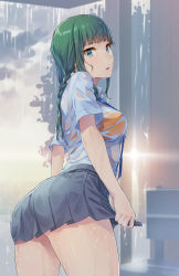 Rule 34 | 1girl, aqua eyes, bench, blunt bangs, bra, bra visible through clothes, braid, breasts, cloud, cloudy sky, collared shirt, commentary request, cowboy shot, from behind, green hair, grey skirt, highres, long hair, looking at viewer, looking back, medium breasts, open mouth, original, outdoors, pleated skirt, rain, sajittari, see-through, shirt, short sleeves, sidelocks, skirt, sky, solo, standing, twin braids, underwear, wet, wet clothes, wet shirt, wing collar, wringing clothes, wringing skirt, yellow bra