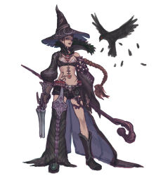Rule 34 | 1girl, asymmetrical clothes, bikini, bikini top only, bird, boots, braid, brown hair, feathers, gun, hat, long hair, loped, original, crow, scar, short shorts, shorts, shotgun, single braid, single pantsleg, solo, staff, swimsuit, tattoo, very long hair, weapon, witch, witch hat