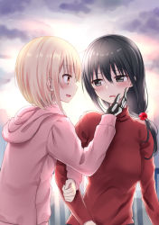 Rule 34 | 2girls, amputee, black eyes, black hair, blouse, blush, brown eyes, cloud, cloudy sky, commentary request, eye contact, hair between eyes, hair ornament, hand on another&#039;s cheek, hand on another&#039;s face, head tilt, hood, hood down, hoodie, locked arms, long hair, long sleeves, looking at another, mechanical arms, multiple girls, original, outdoors, parted lips, pink hoodie, piripun, profile, prosthesis, red shirt, revision, shirt, single mechanical arm, sky, sunlight, sunset, yuri