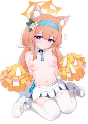 Rule 34 | 1girl, absurdres, alternate costume, animal ears, blue archive, blue eyes, blue hairband, breasts, bright pupils, cheerleader, commentary request, gu meng yin, hair ribbon, hairband, halo, highres, holding, holding pom poms, long hair, looking at viewer, mari (blue archive), medium breasts, millennium cheerleader outfit (blue archive), navel, nipples, orange hair, pom pom (cheerleading), pom poms, ribbon, shoes, simple background, sitting, skirt, sneakers, solo, thighhighs, topless, white background, white footwear, white pupils, white ribbon, white skirt, white thighhighs, yellow halo