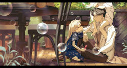 Rule 34 | 1boy, 1girl, age difference, blonde hair, brown eyes, brown footwear, brown hair, brown pants, bubble, carrying, chair, collared shirt, floral print, green eyes, highres, indoors, jacket, long hair, original, pajamas, pants, plant, potted plant, shio (s alt shio), shirt, shoulder carry, sitting, slippers, smile, table, white jacket, white shirt