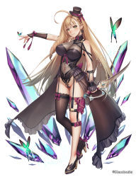 Rule 34 | 1girl, ahoge, bare shoulders, blonde hair, breasts, bug, butterfly, butterfly earrings, butterfly on hand, commentary request, covered erect nipples, crystal, drill hair, earrings, full body, green eyes, hat, high heels, holding, holding sword, holding weapon, bug, jewelry, large breasts, long hair, mana (remana), mini hat, mini top hat, navel, original, parted lips, showgirl skirt, simple background, single thighhigh, smile, solo, sword, thigh strap, thighhighs, top hat, very long hair, weapon, white background, wrist cuffs