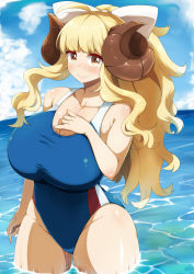 Rule 34 | 1girl, ahoge, alternate costume, alternate hairstyle, anila (granblue fantasy), blonde hair, blush, bow, breasts, cleavage, cloud, cloudy sky, competition swimsuit, covered navel, curled horns, draph, granblue fantasy, groin, hair bow, highres, hikimayu, horns, huge breasts, ocean, one-piece swimsuit, ponytail, raiden (raiden labo), sky, smile, solo, sweat, swimsuit, taut clothes, taut swimsuit, wading, wavy hair, yellow eyes