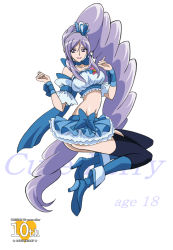 Rule 34 | 00s, 1girl, adapted costume, anniversary, aono miki, arudebido, black thighhighs, blue footwear, blue skirt, boots, bow, character name, choker, copyright name, crop top, cure berry, fresh precure!, full body, hair ornament, hairband, heart, heart hair ornament, knee boots, long hair, magical girl, midriff, miniskirt, navel, aged up, precure, purple eyes, purple hair, ribbon, side ponytail, sidelocks, skirt, smile, solo, thighhighs, thighhighs under boots, waist bow, white background, wrist cuffs
