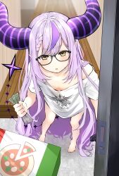 Rule 34 | 1girl, absurdres, alternate costume, banknote, bare legs, barefoot, black horns, blush, braid, braided bangs, breasts, cleavage, clenched hands, commentary request, demon girl, demon horns, glasses, grey hair, hair between eyes, highres, hololive, holox, horns, indoors, la+ darknesss, long hair, looking at viewer, money, multicolored hair, nikumega, off-shoulder shirt, off shoulder, open door, open mouth, pizza box, pointy ears, purple hair, purple horns, shirt, small breasts, solo, streaked hair, striped horns, tail, very long hair, virtual youtuber, white shirt, yellow eyes