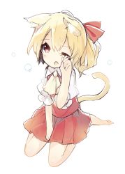 Rule 34 | 1girl, animal ears, ascot, between legs, blonde hair, blush, cat ears, cat tail, flandre scarlet, hair ribbon, hand between legs, kemonomimi mode, looking at viewer, no headwear, one eye closed, open mouth, puffy short sleeves, puffy sleeves, red eyes, ribbon, short hair, short sleeves, side ponytail, simple background, sitting, sketch, skirt, skirt set, solo, tail, tecoyuke, touhou, wariza, white background