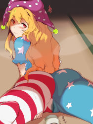 Rule 34 | 1girl, american flag dress, anger vein, ass, banned artist, blonde hair, blue dress, blush, closed mouth, clownpiece, commentary request, dress, fairy wings, feet out of frame, feet up, from behind, hat, hekiga (freelot), highres, jester cap, long hair, looking at viewer, looking back, lying, on stomach, pantyhose, polka dot, purple hat, pussy juice, red eyes, sex toy, short sleeves, solo, star (symbol), star print, tatami, thighs, touhou, trembling, very long hair, vibrator, wavy hair, wings