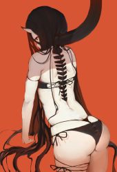 Rule 34 | 10s, 1girl, abyssal ship, ass, battleship princess, battleship summer princess, bikini, bikini bottom only, black bikini, black hair, butt crack, cowboy shot, foodtoyc, from behind, hair between eyes, hair over shoulder, highres, horns, kantai collection, leaning forward, long hair, orange background, profile, side-tie bikini bottom, simple background, solo, swimsuit, thong, tube, very long hair, whale tail (clothing)