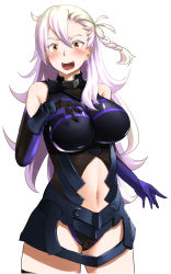 Rule 34 | 1girl, :d, ahoge, armor, bare shoulders, blush, breasts, cameltoe, cosplay, elbow gloves, fate/grand order, fate (series), gloves, highres, huge breasts, mash kyrielight, navel, olga marie animusphere, open mouth, pink hair, shielder (fate/grand order) (cosplay), simple background, smile, solo, thighhighs, tsukkii, white background, white hair, yellow eyes, zettai ryouiki