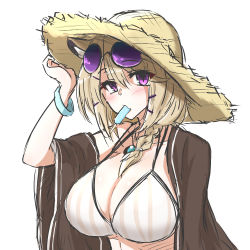 Rule 34 | 1girl, adjusting clothes, adjusting headwear, animal ear fluff, animal ears, arknights, bare shoulders, between breasts, bikini, black shirt, breasts, commentary, eyewear on head, food, food in mouth, grey bikini, hair over shoulder, hat, large breasts, light brown hair, long hair, maiq06, off shoulder, official alternate costume, open clothes, open shirt, parted lips, popsicle, purple eyes, shirt, simple background, sketch, solo, stomach, straw hat, striped bikini, striped clothes, sunglasses, swimsuit, swimsuit cover-up, tail, upper body, utage (arknights), utage (summer flowers) (arknights), white background