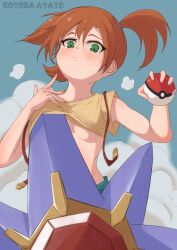 Rule 34 | 1girl, armpits, ass, asymmetrical hair, back, bare arms, bare shoulders, breasts, cowboy shot, creatures (company), denim, denim shorts, female focus, game freak, gen 1 pokemon, green eyes, gym leader, hair tie, highres, kotoba ayato, looking at viewer, misty (pokemon), navel, nintendo, orange hair, pokemon, pokemon (anime), pokemon (classic anime), ponytail, shirt, short hair, short shorts, shorts, side ponytail, small breasts, smile, starmie, underboob