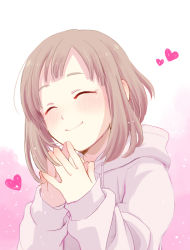 Rule 34 | 1girl, brown hair, closed eyes, closed mouth, clytchhitter643, commentary request, etra-chan wa mita!, gradient background, happy, heart, hood, hoodie, long sleeves, own hands together, pink background, short hair, smile, solo, tsutsuji (etra-chan wa mita!), upper body, white background, white hoodie