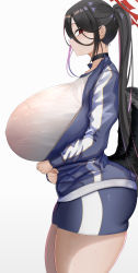 Rule 34 | 1girl, absurdres, ass, black hair, blue archive, breasts, choker, chomikuplus, covered erect nipples, curvy, gigantic breasts, hair between eyes, halo, hasumi (blue archive), hasumi (track) (blue archive), highres, huge ass, huge breasts, jacket, long hair, looking to the side, low wings, mole, mole under eye, open clothes, open jacket, ponytail, profile, red eyes, shorts, simple background, solo, thick thighs, thighs, track jacket, very long hair, white background, wings