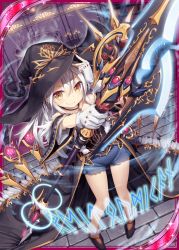 Rule 34 | &gt;:), 1girl, akkijin, black gloves, card (medium), carpet, gloves, hat, holding, holding weapon, indoors, looking at viewer, looking up, magical girl, official art, polearm, red carpet, runes, shinkai no valkyrie, short shorts, shorts, silver hair, spear, weapon, witch hat, yellow eyes
