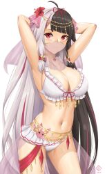 Rule 34 | 1girl, ahoge, alternate costume, arabian clothes, arcie albano, armpits, arms behind head, arms up, artist logo, belly chain, bikini, blush, body chain, breasts, brown hair, collarbone, cowboy shot, diagonal bangs, flower, frilled bikini, frills, gem, gluteal fold, grey hair, hair ribbon, head chain, hibiscus, highres, jewelry, large breasts, long hair, looking at viewer, mixed-language commentary, mouth veil, multicolored hair, navel, nijisanji, open mouth, pink hair, red eyes, red flower, ribbon, simple background, smile, solo, standing, stomach, streaked hair, swimsuit, teeth, tress ribbon, two-tone hair, upper teeth only, veil, very long hair, virtual youtuber, white background, white bikini, yorumi rena, yorumi rena (7th costume)