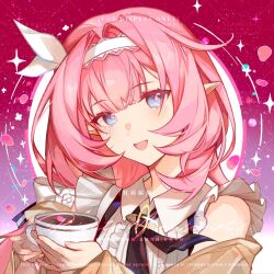 Rule 34 | 1girl, annnnq, bare shoulders, blue eyes, blush, chinese commentary, chinese text, commentary, commission, cup, diamond-shaped pupils, diamond (shape), elysia (honkai impact), english commentary, english text, highres, honkai (series), honkai impact 3rd, jewelry, mixed-language commentary, mug, open mouth, pink background, pink pupils, pink theme, pointy ears, solo, symbol-shaped pupils, upper body, white headwear