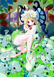 Rule 34 | 1girl, absurdres, ado (adonki), bad id, bad pixiv id, barefoot, blonde hair, blush, braid, butterfly wings, donkii (pixiv), fairy, feet, flat chest, flower, frog, hair flower, hair ornament, highres, insect wings, mercedes (odin sphere), odin sphere, panties, pointy ears, puff and slash sleeves, puffy sleeves, red eyes, shoes, single shoe, skirt, solo, spread toes, tears, toes, twin braids, underwear, upskirt, wings