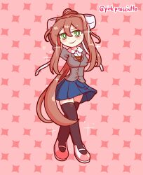 1girl ahoge arms_behind_head black_thighhighs blazer blue_skirt bow breasts brown_hair collared_shirt doki_doki_literature_club eyelashes full_body green_eyes hair_bow hair_intakes high_ponytail jacket long_hair looking_at_viewer monika_(doki_doki_literature_club) pink_background pinkprosciutto pleated_skirt ponytail school_uniform shirt shoes skirt smile stretched_arms sweater thighhighs uwabaki very_long_hair zettai_ryouiki