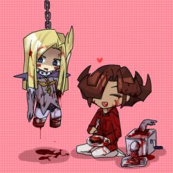 Rule 34 | arito (yu-gi-oh!), blonde hair, blood, blood on clothes, blood on face, blood on ground, blue eyes, brown eyes, brown hair, cannibalism, closed eyes, dismemberment, food, fork, guro, hanging, hanging from ceiling, holding, holding food, holding fork, machine, mizael (yu-gi-oh!), multiple boys, open mouth, plate, simple background, yayoi sekai, yu-gi-oh!, yu-gi-oh! arc-v
