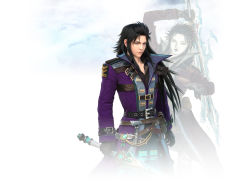 Rule 34 | 1boy, 3d, amano yoshitaka, amano yoshitaka design, black hair, blue eyes, cloud, final fantasy, final fantasy brave exvius, gloves, highres, lasswell, long hair, male focus, official art, simple background, solo, sword, weapon, white background