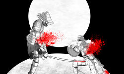 Rule 34 | 2boys, armor, armored boots, axe, backlighting, bandaged hand, bare arms, black background, blood, boots, breastplate, chain, chainmail, cutting, dismemberment, fighting, fighting stance, full moon, greyscale, helmet, highres, injury, japanese clothes, katana, medieval, monochrome, monochrome background, moon, moonlight, multiple boys, original, pauldrons, samurai, self-upload, shaded face, shield, shoulder armor, spot color, sword, warrior, weapon