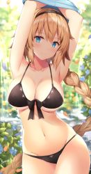 Rule 34 | 1girl, armpits, arms up, bad id, bad pixiv id, bikini, black bikini, blonde hair, blue eyes, blurry, blurry background, blush, braid, breasts, closed mouth, clothes lift, collarbone, cowboy shot, day, depth of field, fate/grand order, fate (series), front-tie top, hairband, jeanne d&#039;arc (fate), jeanne d&#039;arc (swimsuit archer) (fate), jeanne d&#039;arc (swimsuit archer) (first ascension) (fate), large breasts, lifted by self, long hair, navel, outdoors, rin yuu, shirt lift, single braid, smile, solo, sweat, swimsuit, very long hair