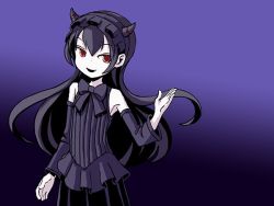 Rule 34 | 10s, 1girl, abyssal ship, bare shoulders, black hair, colored skin, detached sleeves, fang, gothic lolita, hairband, horns, isolated island oni, kantai collection, lolita fashion, lolita hairband, long hair, open mouth, purple background, red eyes, ribbon, sixten, smile, solo, white skin