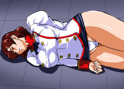 Rule 34 | 1girl, agent aika, aika (series), bangs, breasts, buttons, cameltoe, cleft of venus, crotch seam, defeat, delmogeny uniform, double-breasted, drooling, erect nipples, eyes closed, fainting, from above, highres, indoors, jacket, juliet sleeves, large breasts, lipstick, long sleeves, lying, makeup, mamesi (suhk8583), mole, mole under eye, on floor, on side, panties, pencil skirt, puffy sleeves, purple lips, red hair, saliva, shadow, skirt, solo, unconscious, underwear, uniform, white delmo, white delmo n, white jacket, white panties