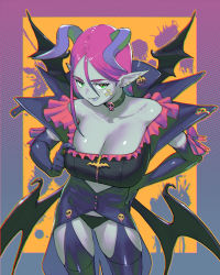 Rule 34 | 1girl, absurdres, black panties, black wings, blue skin, bow, breasts, choker, chromatic aberration, cleavage, closed mouth, collarbone, colored skin, colored tongue, cowboy shot, demon girl, demon horns, demon wings, earrings, elbow gloves, facial mark, fangs, fangs out, garter straps, glove bow, gloves, green choker, green eyes, hair between eyes, hand on own hip, heart, heart facial mark, highres, horns, jack-o&#039;-lantern, jack-o&#039;-lantern earrings, jewelry, large breasts, long hair, looking at viewer, maruyama rui, multiple wings, original, panties, pink bow, pink hair, pointy ears, purple gloves, purple horns, purple thighhighs, purple tongue, skull, skull choker, smile, solo, thighhighs, tongue, tongue out, underwear, wings, zipper