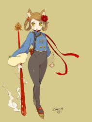 Rule 34 | 1girl, 2014, animal ears, bodystocking, brown hair, chinese clothes, covered navel, dated, female focus, flower, full body, hair flower, hair ornament, highres, holding, holding weapon, long sleeves, looking at viewer, mota, plant, platform footwear, simple background, solo, staff, swept bangs, weapon, yellow eyes