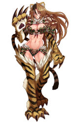 Rule 34 | 1girl, abs, animal ears, armor, bikini armor, blush, breasts, brown hair, claws, cleavage, highres, jinko (monster girl encyclopedia), kenkou cross, large breasts, long hair, midriff, monster girl, monster girl encyclopedia, multicolored hair, navel, simple background, solo, striped, tail, tiger, two-tone hair, white background, yellow eyes