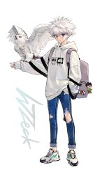 Rule 34 | 1boy, absurdres, alternate costume, animal, animal on arm, backpack, bag, bird, blue eyes, casual, closed mouth, denim, full body, gon freecss, hand up, highres, hood, hoodie, hunter x hunter, jeans, charm (object), killua zoldyck, long sleeves, looking to the side, male focus, messy hair, outstretched arm, oversized clothes, oversized shirt, owl, pants, print hoodie, shirt, shoes, short hair, signature, simple background, smile, sneakers, solo, standing, torn clothes, white background, white footwear, white hair, white hoodie, wzeck, yellow eyes