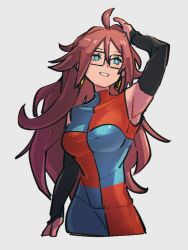 Rule 34 | 1girl, android 21, arm up, armpits, black sleeves, blue eyes, breasts, checkered clothes, checkered dress, detached sleeves, dragon ball, dragon ball fighterz, dress, earrings, glasses, grey background, hair between eyes, hoop earrings, jewelry, kemachiku, long hair, looking up, medium breasts, red hair, simple background, smile, solo