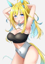 Rule 34 | 1girl, adjusting hair, ahoge, animal ears, armpits, arms up, blue eyes, blush, breasts, cleavage, collarbone, hair between eyes, hair ornament, hair tie in mouth, highres, horse ears, horse girl, horse tail, long hair, looking at viewer, medium breasts, miya (m9kl), mouth hold, multicolored hair, neo universe (umamusume), ponytail, sweat, tail, two-tone hair, umamusume, white background