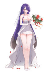 Rule 34 | 1girl, absurdres, acheron (honkai: star rail), bare legs, bare shoulders, black hair, bouquet, breasts, bridal veil, cleavage, collarbone, commentary request, dacha00001, dress, earrings, elbow gloves, flower, full body, gloves, gradient hair, hair over one eye, high-low skirt, high heels, highres, honkai: star rail, honkai (series), jewelry, lace, lace gloves, large breasts, looking at viewer, multicolored hair, parted lips, purple eyes, purple hair, red petals, simple background, solo, standing, strapless, strapless dress, streaked hair, veil, wedding dress, white background, white dress, white flower, white footwear, white gloves, white veil