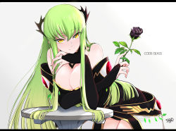 Rule 34 | 1girl, bare shoulders, breasts, c.c., cleavage, code geass, copyright name, flower, green hair, hair ornament, highres, leaning on table, long hair, looking at viewer, noppo, rose, smile, solo, yellow eyes