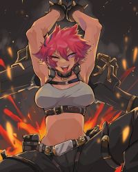 Rule 34 | 1girl, alchemy stars, armpits, arms up, belt, black collar, bracelet, breasts, collar, crop top, diforland, ear piercing, eyebrow piercing, highres, jewelry, jona (alchemy stars), medium breasts, midriff, one eye closed, open mouth, piercing, pink eyes, red hair, short hair, smile, solo, spiked bracelet, spikes, tomboy, tongue, tongue out