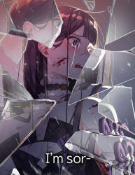 Rule 34 | 1girl, absurdres, app filter, bare shoulders, black hair, blood, blood on face, broken glass, crying, crying with eyes open, dandandanholo, flat chest, glass, glass shards, highres, hololive, hololive english, long hair, ninomae ina&#039;nis, ninomae ina&#039;nis (1st costume), open mouth, purple eyes, shards, streaming tears, tears, virtual youtuber