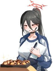 Rule 34 | 1girl, absurdres, black choker, black hair, blue archive, blue jacket, blush, breasts, choker, drooling, food, hair between eyes, halo, hasumi (blue archive), hasumi (track) (blue archive), highres, holding, jacket, large breasts, long hair, long sleeves, looking at food, mole, mole under eye, nonoa, official alternate costume, ponytail, red eyes, saliva, shirt, simple background, solo, sparkle, takoyaki, upper body, white background, white shirt